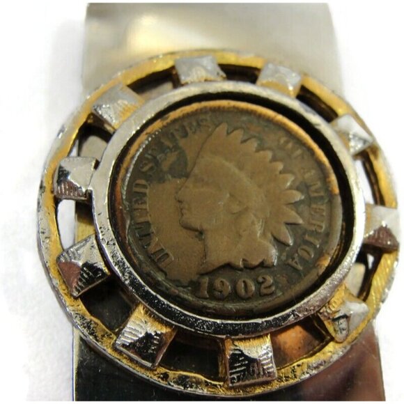 Vintage 1902 Indian Head Penny Silver and Gold Tone Money Clip Men - Picture 2 of 11